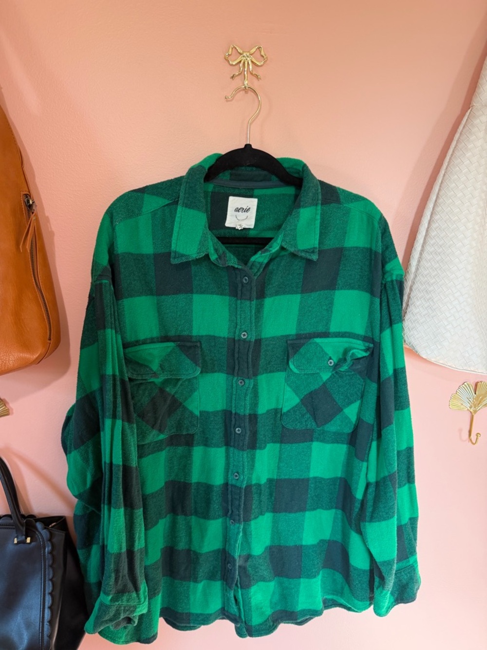 Aerie Offline Green & Black Plaid Flannel Shirt
